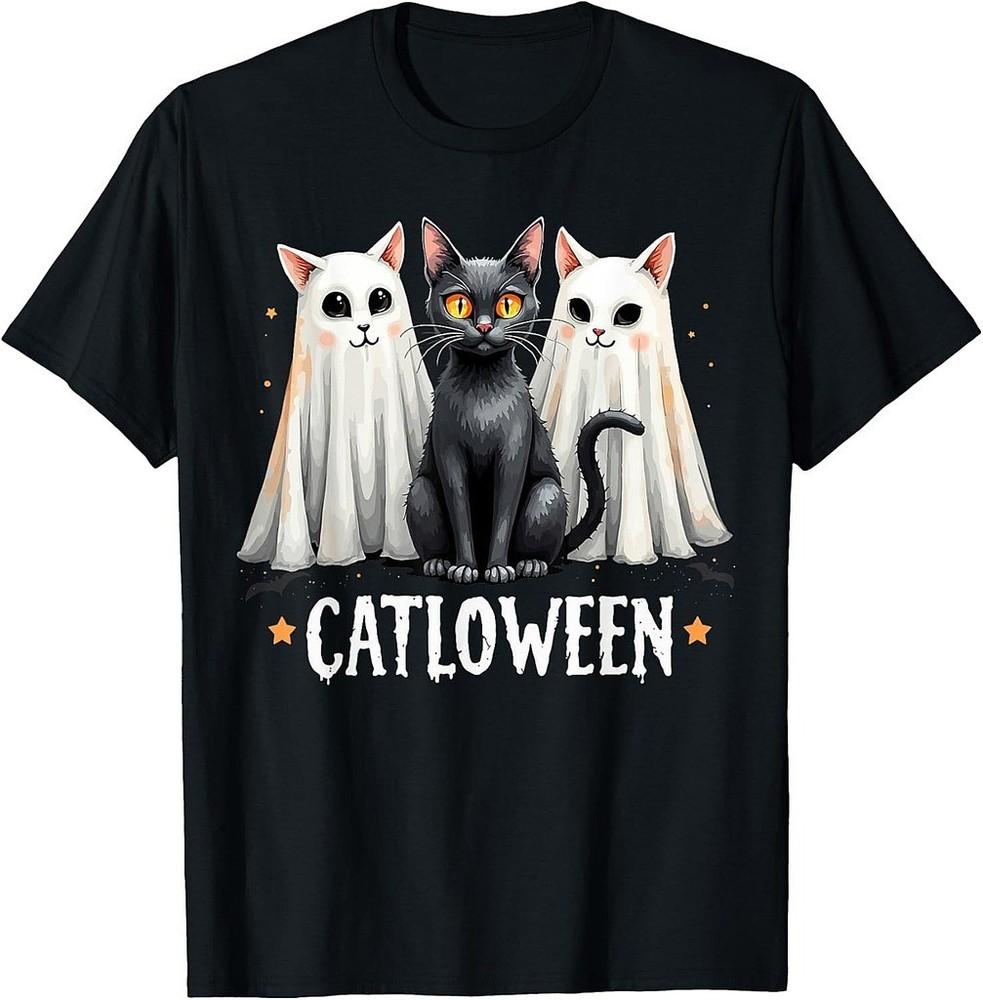 Catloween Милые коты-призраки и Черная кошка Хэллоуин Подарок Унисекс Футболка Унисекс Футболка