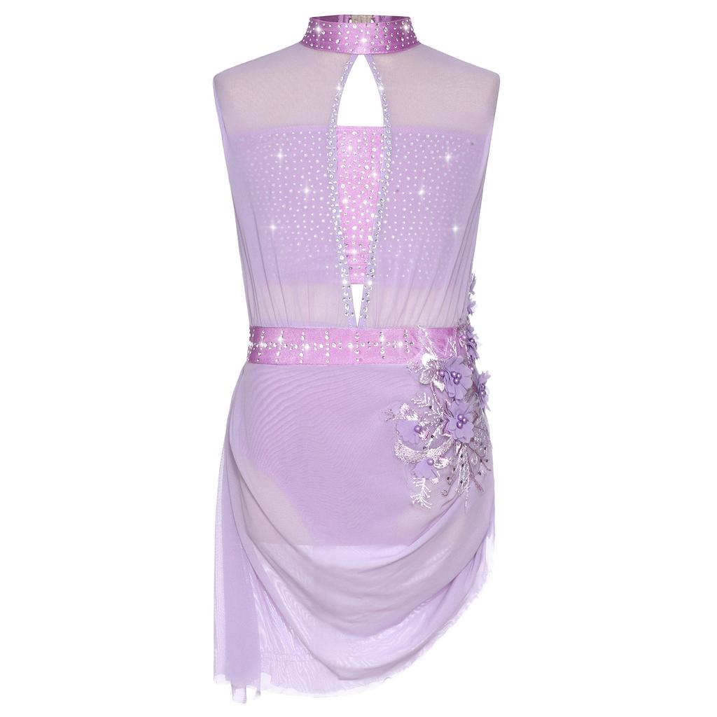 Girls Dance Costume Sleeveless Backless Design Sheer Mesh Overlay Sparkle Rhinestone Asymmetrical Skating Dress