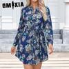 Women's Fashion Autumn Winter Floral Print Long Sleeve V-Neck High Waist Casual Dresses