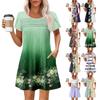 Women's Summer Casual Round Neck Pleated With Pockets Printed Short Sleeve Dresses