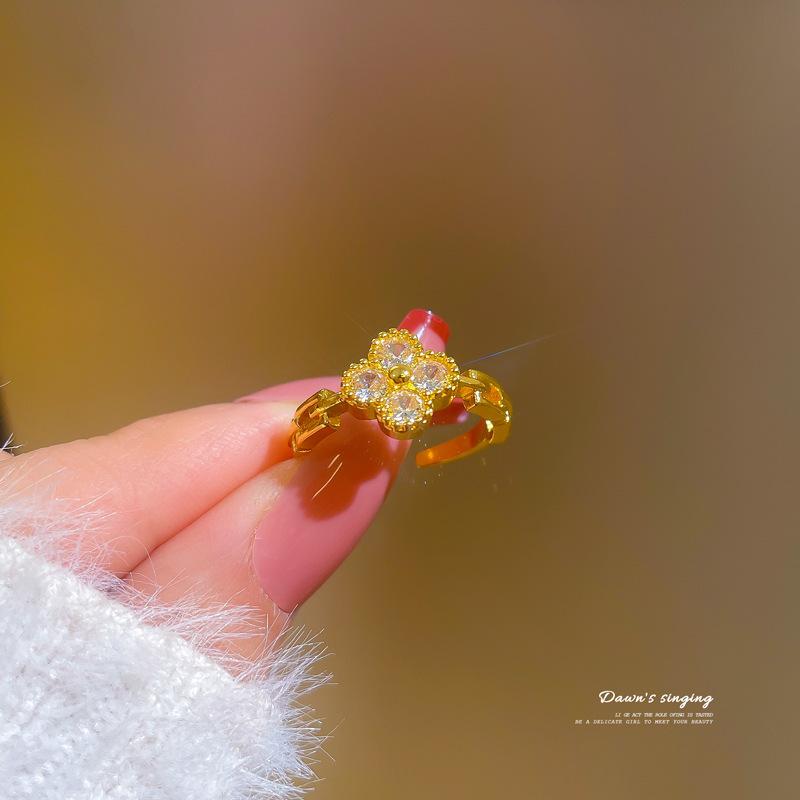 Real Gold Electroplated Open Ring, Women'S Lucky Grass Fashion Ring, Index Finger Ring, The Same Style, Simple And Cold Style