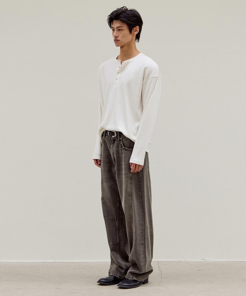 MOOD INSIDE Ribbed Snap Henley Neck Long Sleeve_White