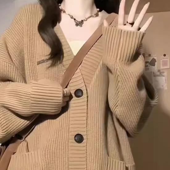 Women Sweater Coat V-Neck Long Sleeve Solid Color Knitting Coat with Large Pockets Mid-Length Loose Fit Sweater Cardigan