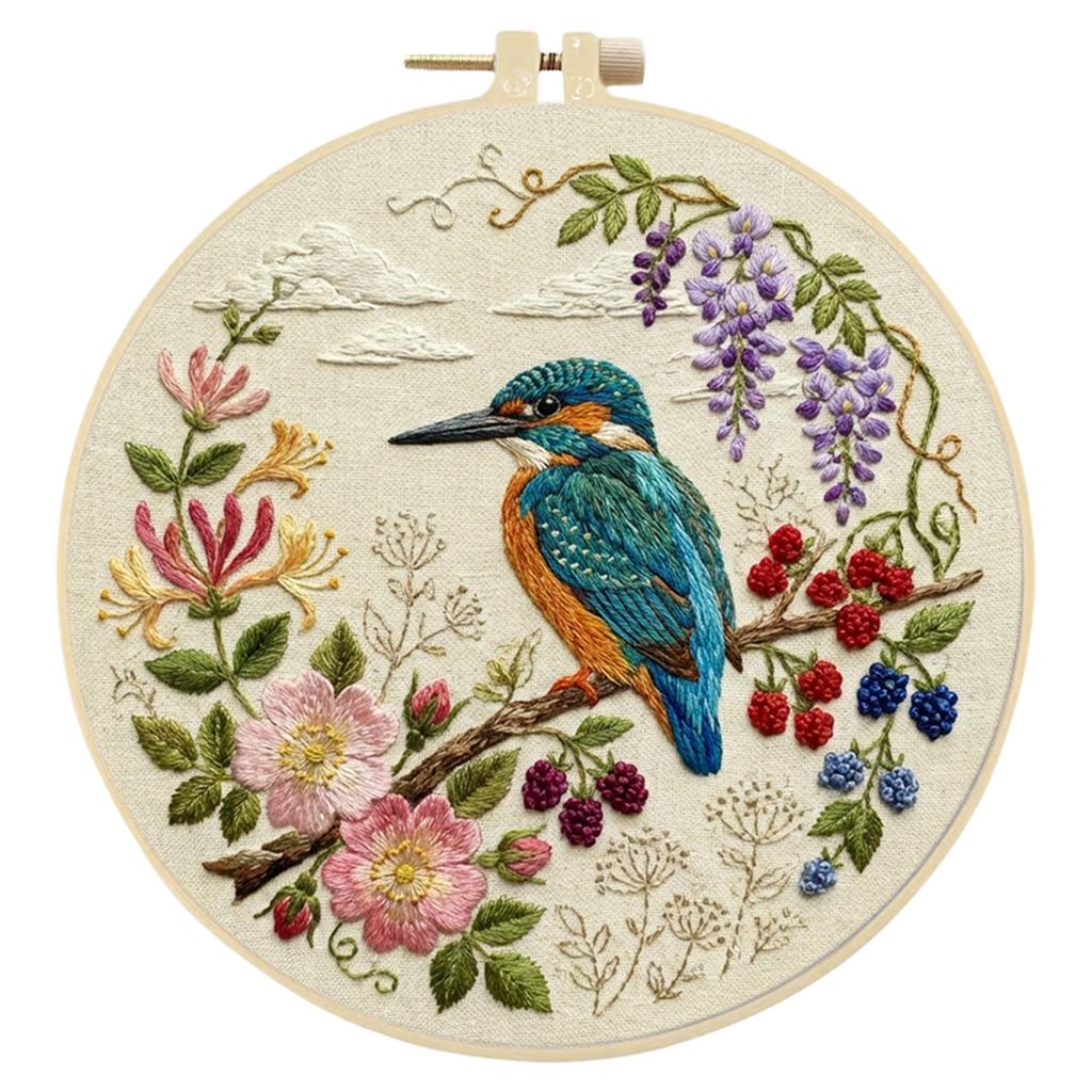 Birds Flowers DIY Stamped Embroidery Kit with Embroidery Hoop Embroidery Stitches Practice Kit 30x30cm for Beginners Adults