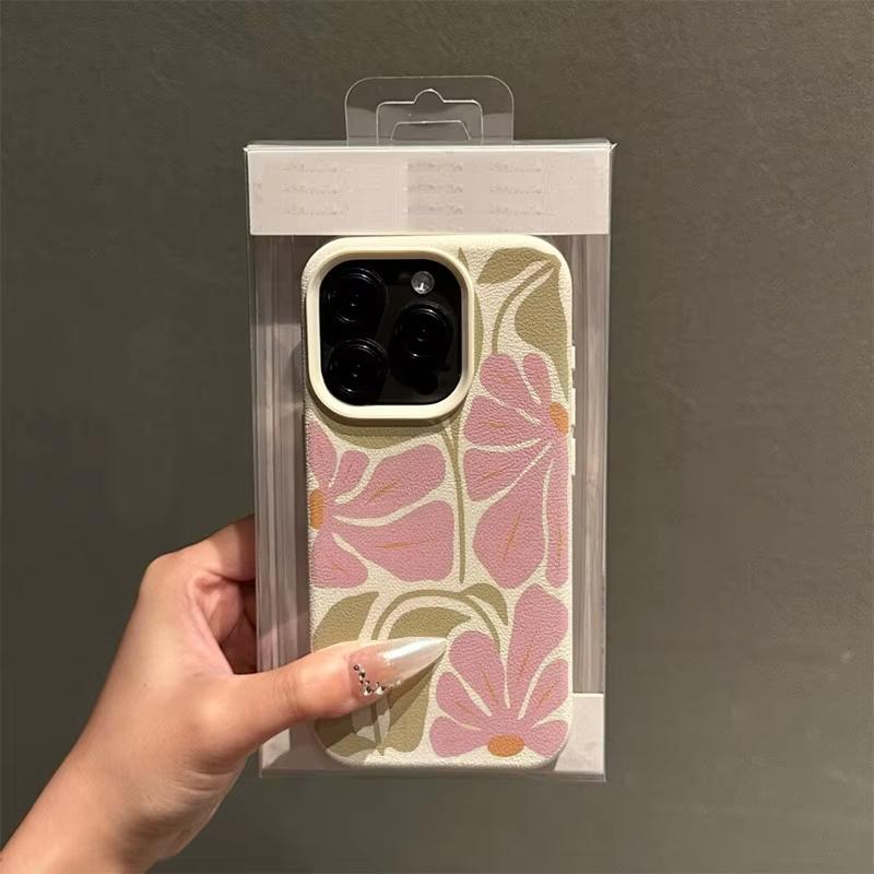 Cute Pink Flowers Pattern Lychee Texture Phone Case For iPhone 17 Air 16 e 15 14 13 12 11 Pro Max Plus SE 2020 2022 Soft Cover