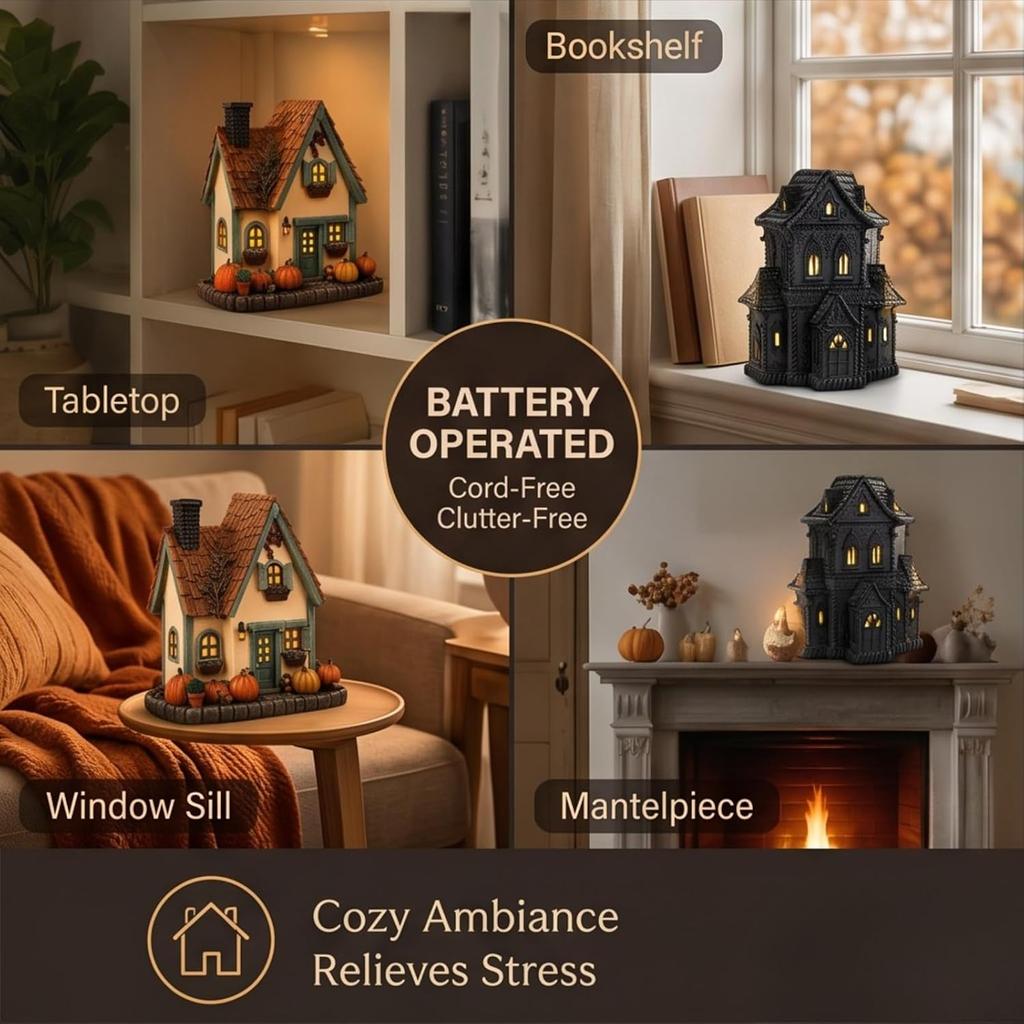 Vintage Light Up Pumpkin House Halloween Decor LED Fall Village Hand-Painted Resin Tabletop Centerpiece Warm Light Autumn Mini Glowing Landscape