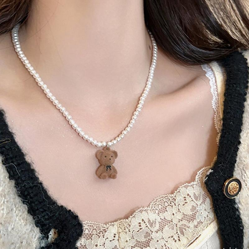 Creative Bear Pendant Choker Necklace for Men Hip Hop Punk Imitation-Pearl Beads Chain Male Y2K Luxury Jewelry Accessories
