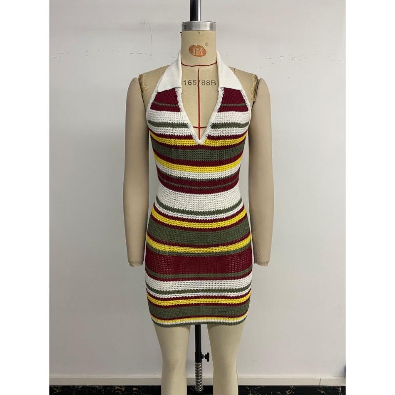 Retro Slim Lapel Halter Neck Striped Dress for Women In Summer