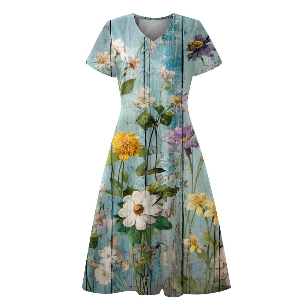 Летние повседневные платья для женщин, свободный сарафан с коротким рукавом, платье-футболка с цветочным принтом