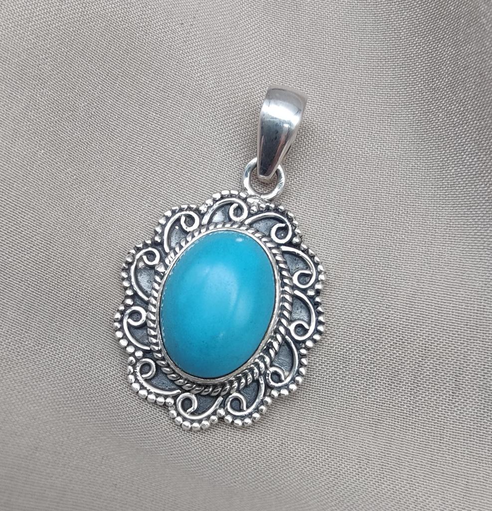American Turquoise Pendant: Handmade 925 Silver Boho Necklace