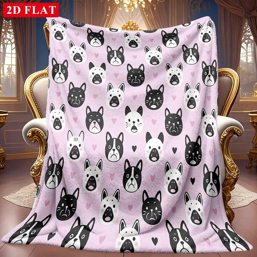 A 2D Flannel Blanket Featuring Adorable Dog, Cat, and Heart Patterns, with Soft High-definition Digital Printing. This Cooling Blanket Is Suitable for