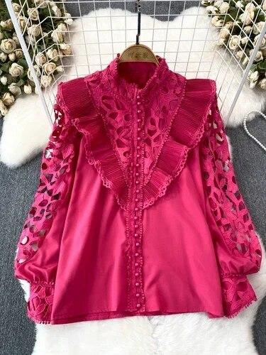 Винтажная блузка в стиле суда для женщин, с воланами, ажурные кружевные лоскутные рубашки с длинными рукавами-фонариками, женские блузки, Прямая поставка