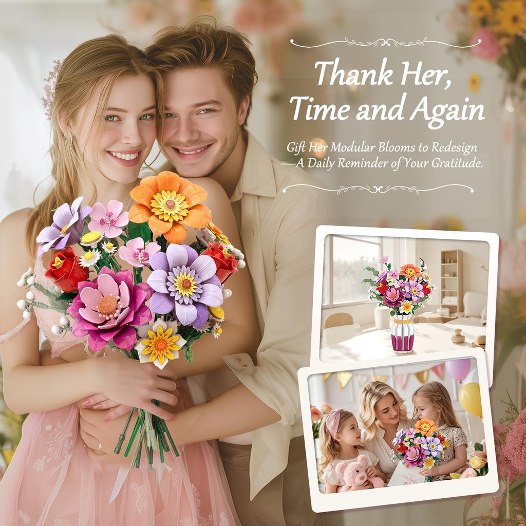 1278 шт. Конструктор «Весенний букет», Цветок с вазой, Модель из кирпичиков, Настольное украшение, DIY игрушки для детей, Праздничные подарки