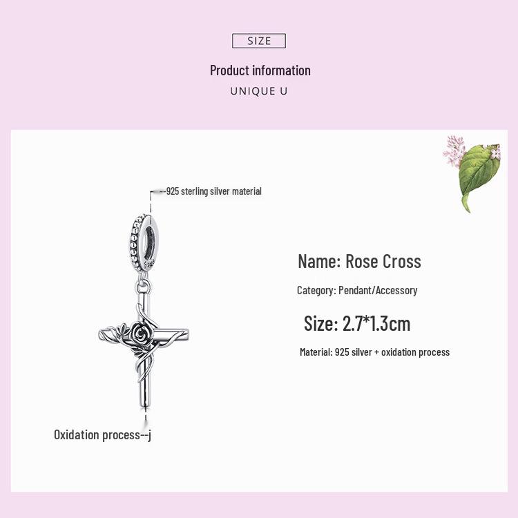 S925 Sterling Silver Rose Cross Pendant Bracelet with European & American Style Flower Beads
