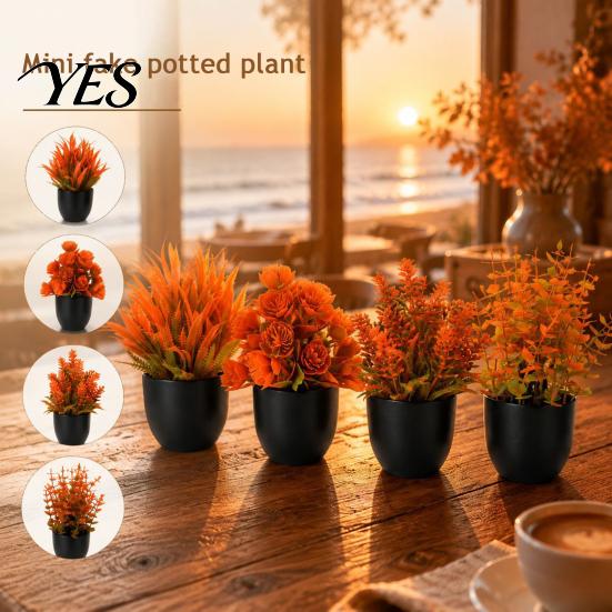 Bookshelf Artificial Plant Simulated Small Potted Plant, Maintenance-Free, Realistic Autumn Leaves Fall-themed Faux Mini Fake for Desktop Decor Color
