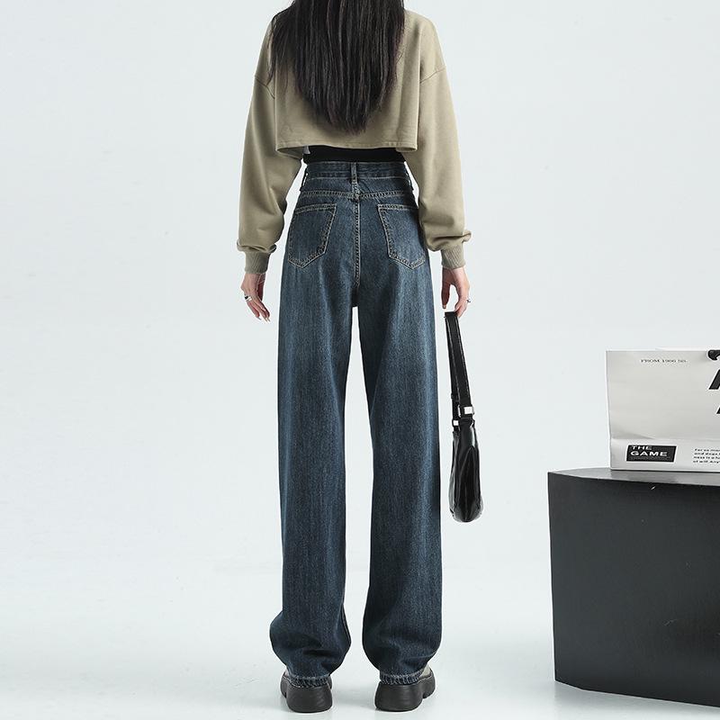 Женские джинсы широкого кроя сине-серого цвета с высокой талией, маленького размера, длиной до пола, с нестандартной косой пряжкой, идеально подходят для весны и осени.