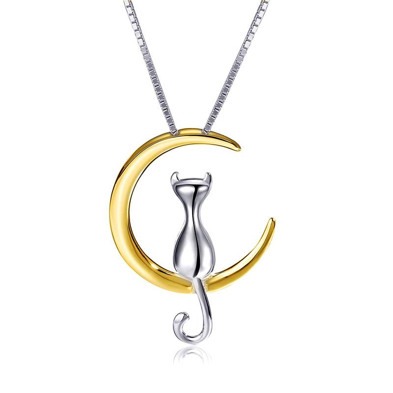 VENTFILLE 925 Sterling Silver Japanese and Korean Version of The Cat on The Moon Necklace Female Clavicle Chain Sen Simple Perso