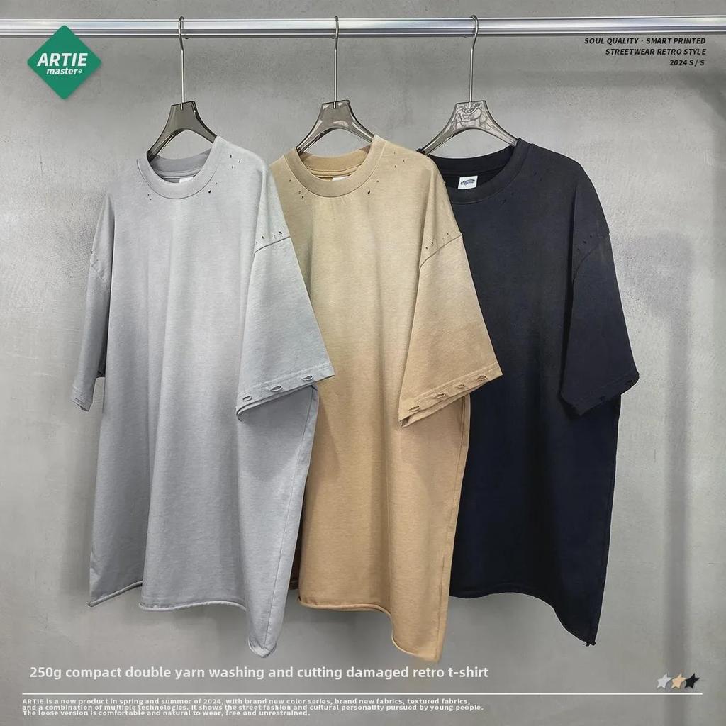 ARTIE Men's Niche Trend Spray-Dye Distressed Short Sleeve T-shirt - 2024 Spring/Summer Collection
