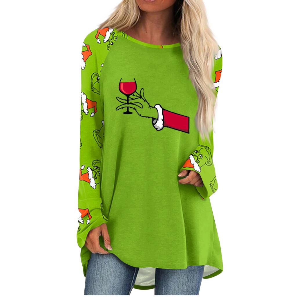 Женская мода, повседневная блузка с длинным рукавом и рождественским принтом, пуловер с круглым вырезом