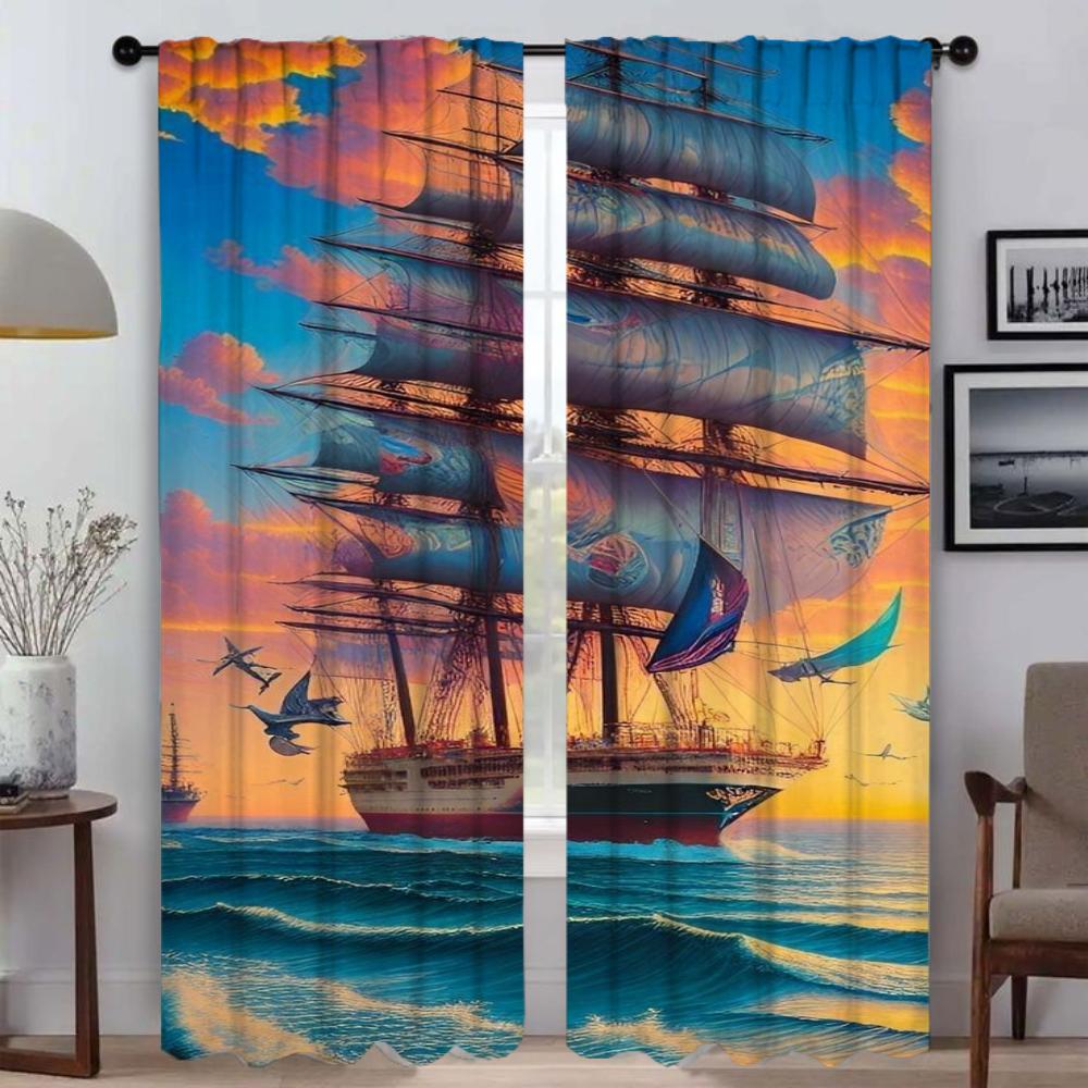 Плотные шторы для гостиной, занавеска с изображением корабля, тюль для спальни, перегородка, домашний интерьер, шторы из 2 предметов, оттенки