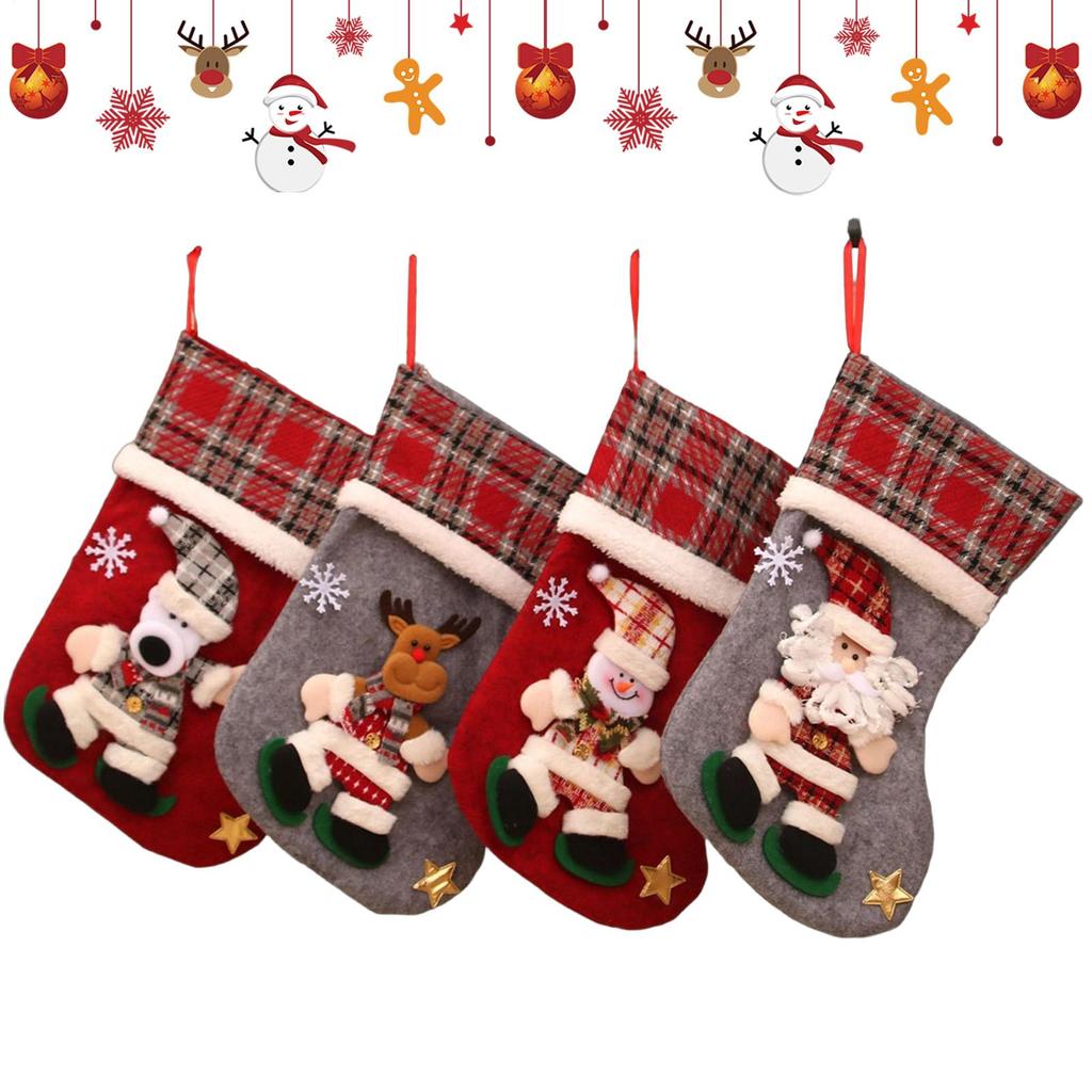 4pcs 3D Doll Christmas Stockings Set Cute Santa Claus, Snowman, Deer, Bear Design Gift Bag Candy Socks Christmas Decorations