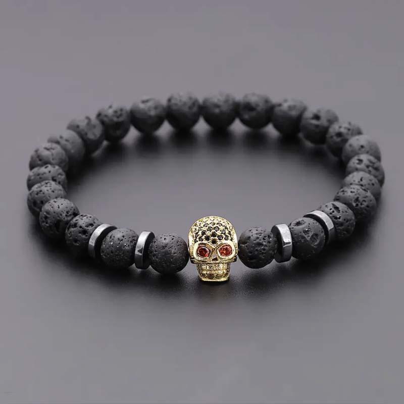 BEPAN Black Eye Skull Hematite Bead Bracelet Men Classic Handmade 8mm Lava Stone Charm Bracelet For Men Jewelry Gift