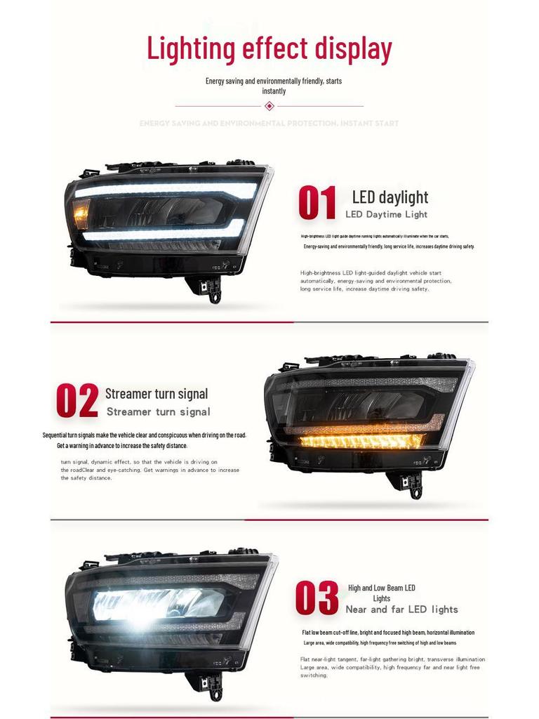 Светодиодная фара Dodge Ram 1500 в сборе с последовательным указателем поворота и дневным ходовым огнем