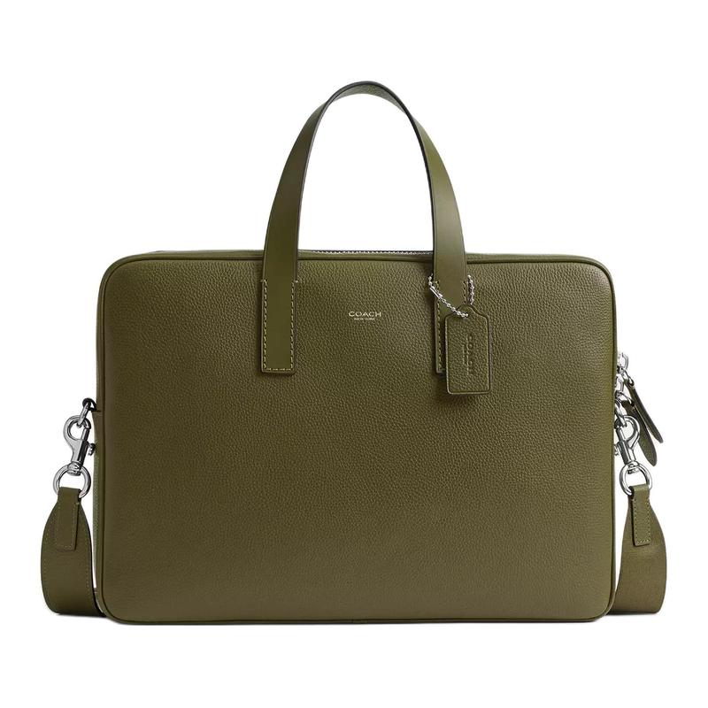 COACH Brief Carlyle 37 Classic Logo Print Polished Pebbled Vegetable Tanned Leather Briefcase Large Men's Olive Green