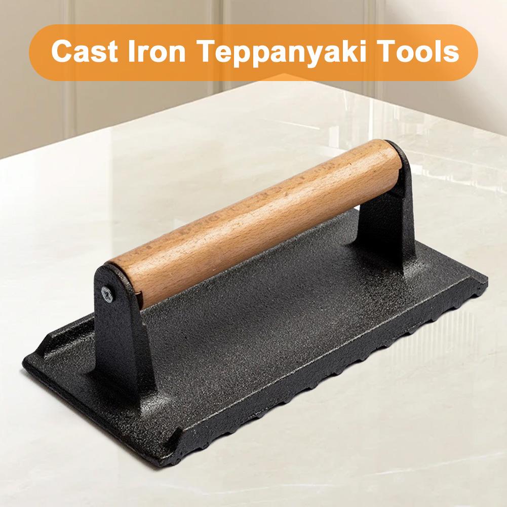 Чугунный круглый пресс для стейков и бургеров с деревянной ручкой, тяжелый плоский пресс для стейков и бекона, пресс для гамбургеров и говядины