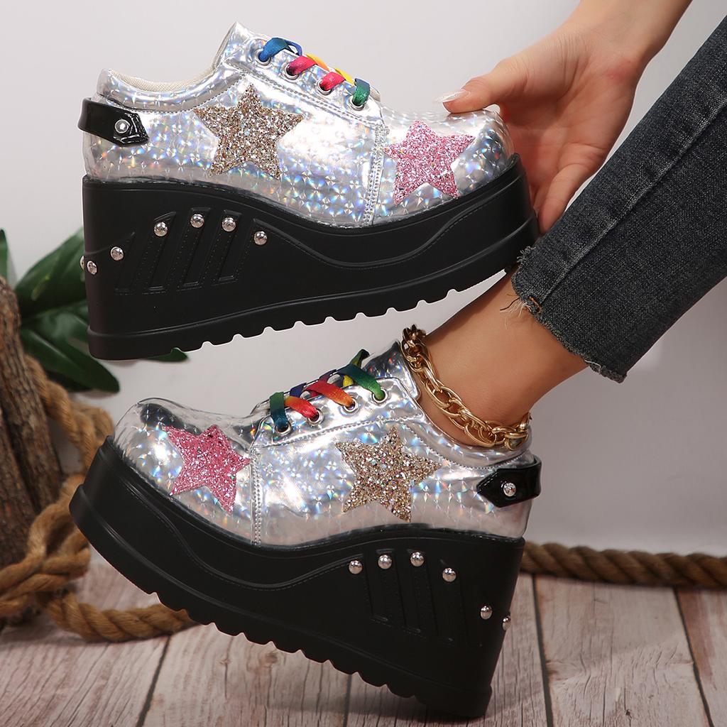 Fashion Silver Patent Leather Chunky Sneakers Women Gothic Thick Bottom Vulcanized Shoes Woman Punk Wedge Heeled Platform Combat Shoes