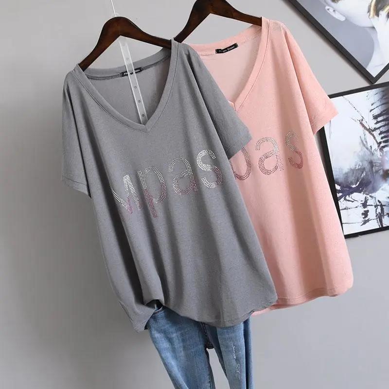 Extra Large Size T-shirt Women's Summer V-neck Clothes Fashion Loose Diamond-studded Letter Short-sleeved T-shirt Women