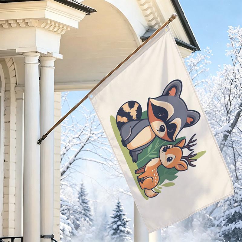 2D Flat, 1pc 2D Flat Decorative Flag, Forest Animal Raccoon and Fawn Pattern Flag, Warm and Natural Style Hanging Flag, Indoor/Outdoor Home Wall Decor