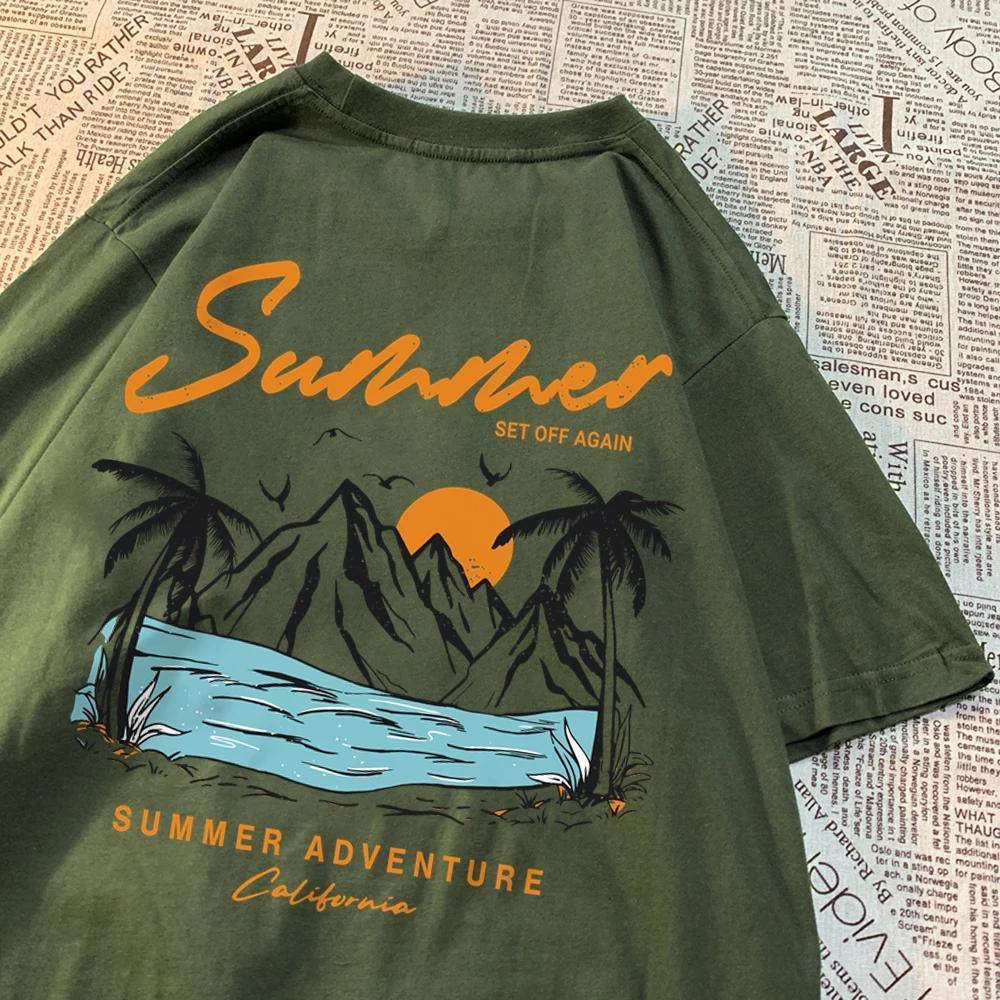 Летнее приключение Закат Кокосовая пальма Горная живописная местность Футболка Мужская Женская Хип-хоп Хлопковые топы Пара Оверсайз Футболки Пара