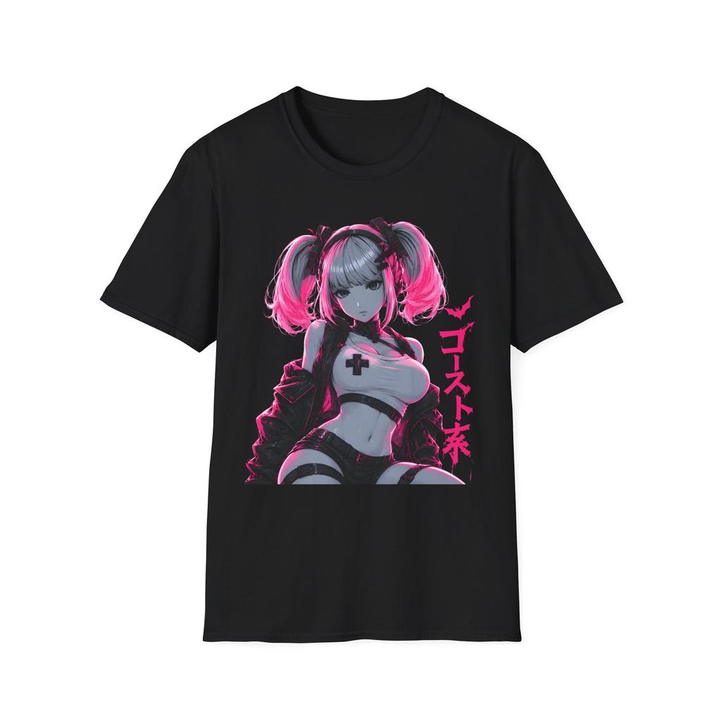 Pink Neon Anime Girl T-Shirt | Cyberpunk Gothic Illustration, Waifu Tee, Unsiex