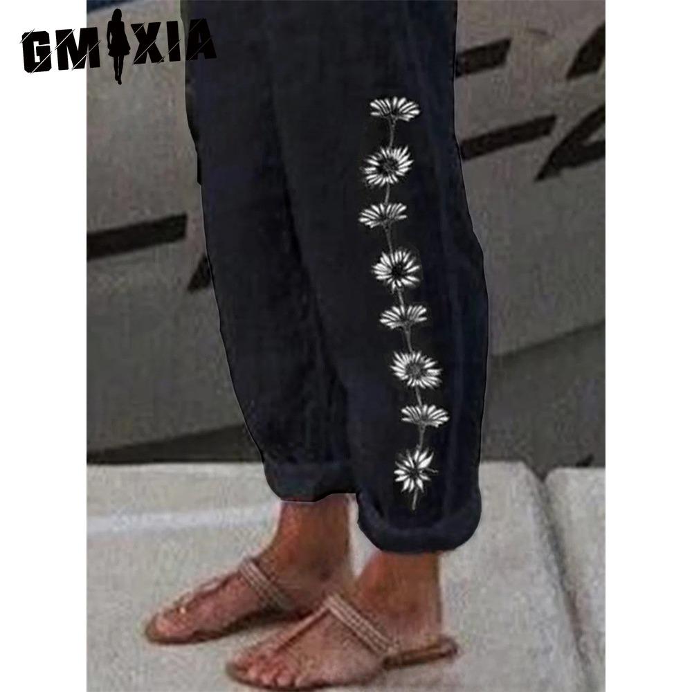 GMXIA Модные популярные гаремные брюки с цветочным принтом и карманами-цветками, брюки со средней посадкой, уличная одежда