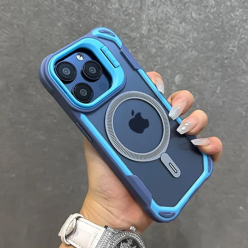 Защитный чехол Armor Fold с подставкой и защитой линз, MagSafe для iPhone 16 13 12 14 15 Pro Max Plus, магнитная беспроводная зарядка, противоударный чехол