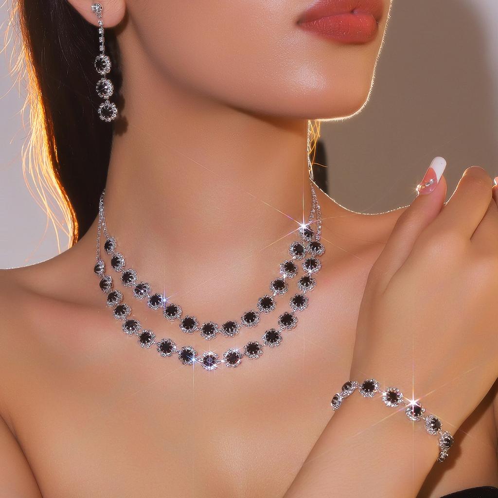 Fashion Shiny Rhinestone Necklace Earrings Bracelet Set, Luxury Temperament Necklace Earrings 3-piece Set