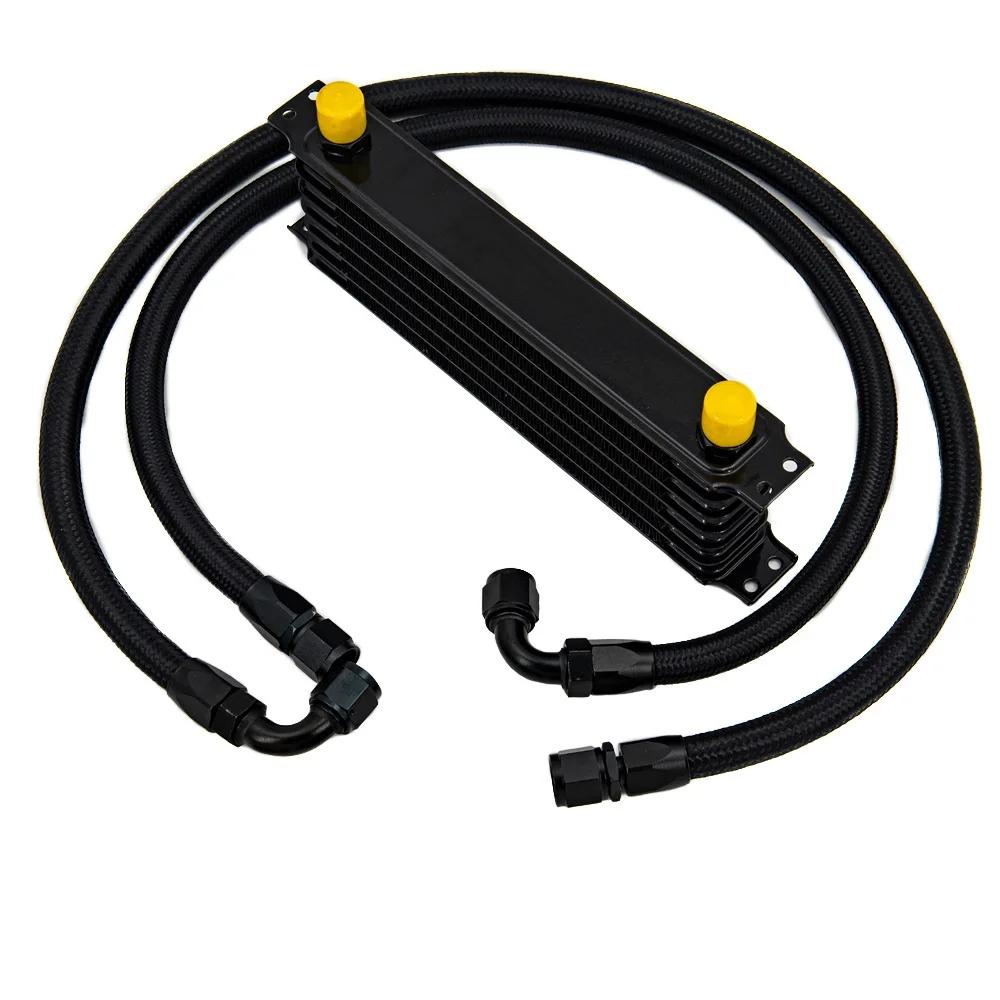 Black 7 Rows Oil Cooler With 2PCS AN10 Nylon Stainless Steel Braided Hose