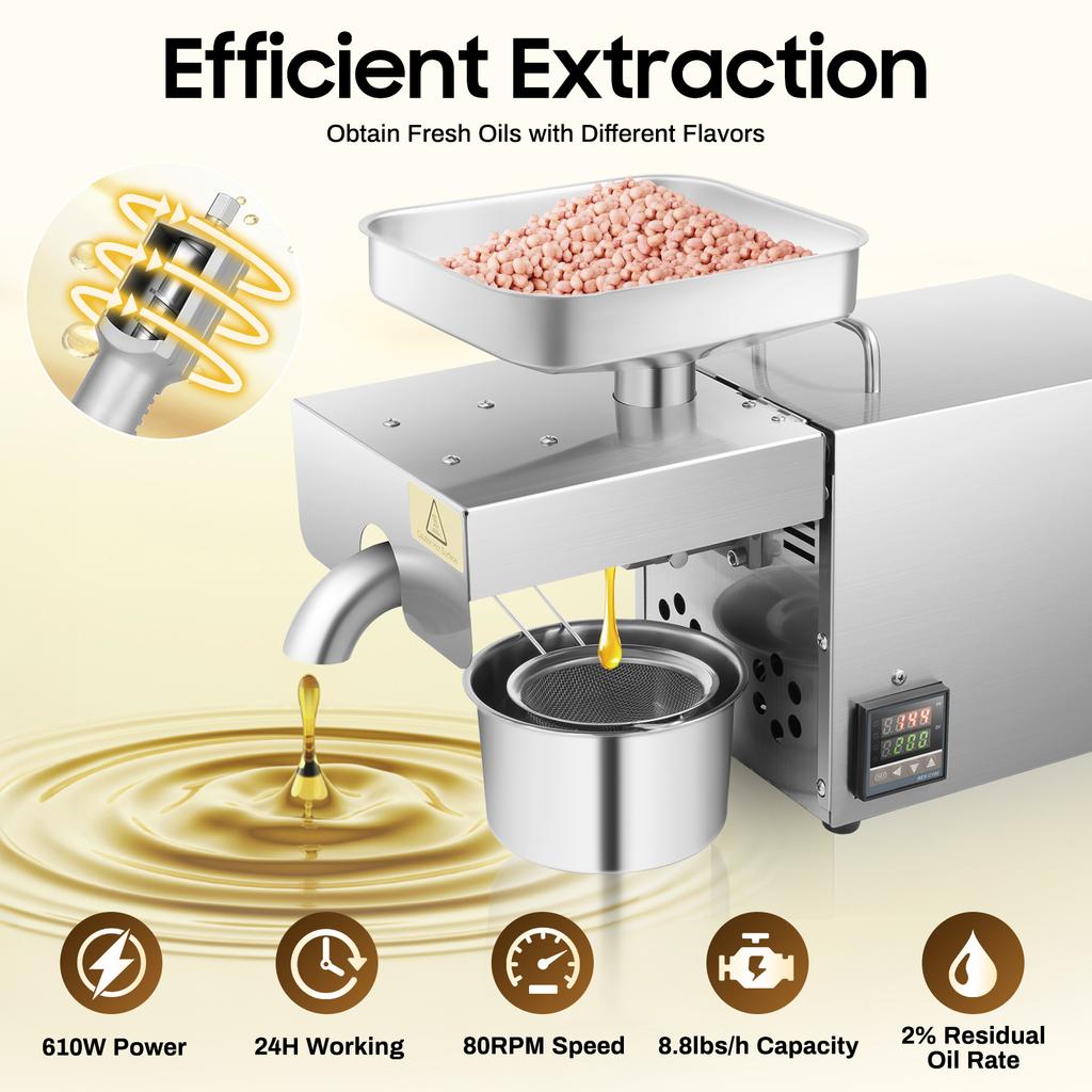 Бытовая маслопресс-машина 610 Вт Автоматический горячий/холодный отжим 304 нержавеющая сталь для арахиса, кунжута, миндаля, маслобойка 110 В 8,8 фунтов/ч