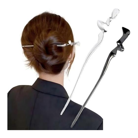 Набор из 2 простых палочек для волос (Оружейный металл + Серебристый) - Элегантные металлические и серебристые тона, прибл.. 17 см, Высококачественный сплав, Устойчив к выцветанию и потускнению, Безопасный