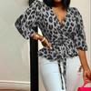 Women's Plus Size Personalised V-Neck Long Sleeve Loose Leopard Print Top