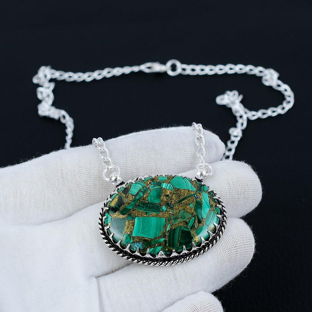 Copper Malachite Gemstone Jewelry Necklace, Copper Malachite 925 Sterling Silver Necklace For Wedding Gift, Necklace For Women For Gifts