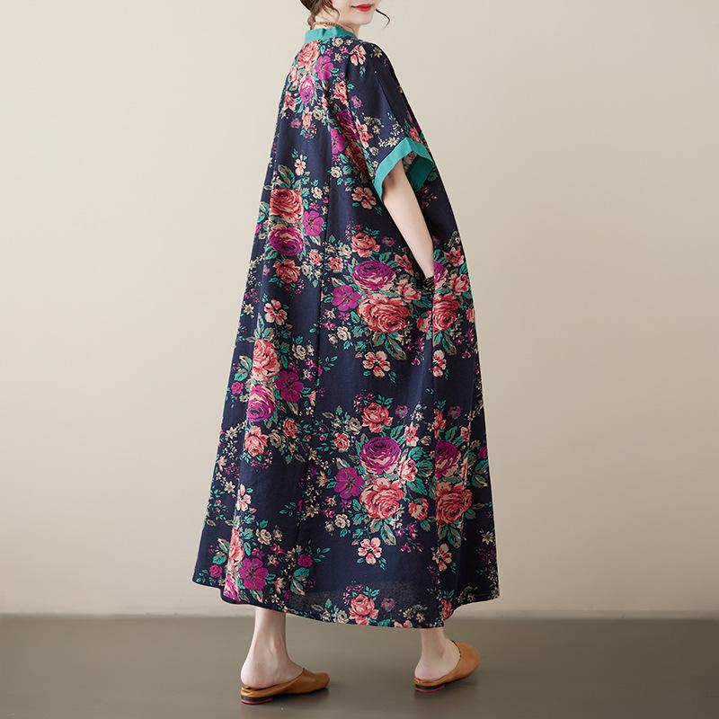 Летнее хлопковое льняное платье с V-образным вырезом, свободное, большого размера, в китайском стиле, ханьфу, улучшенное, средней длины, с короткими рукавами, для женщин, платья