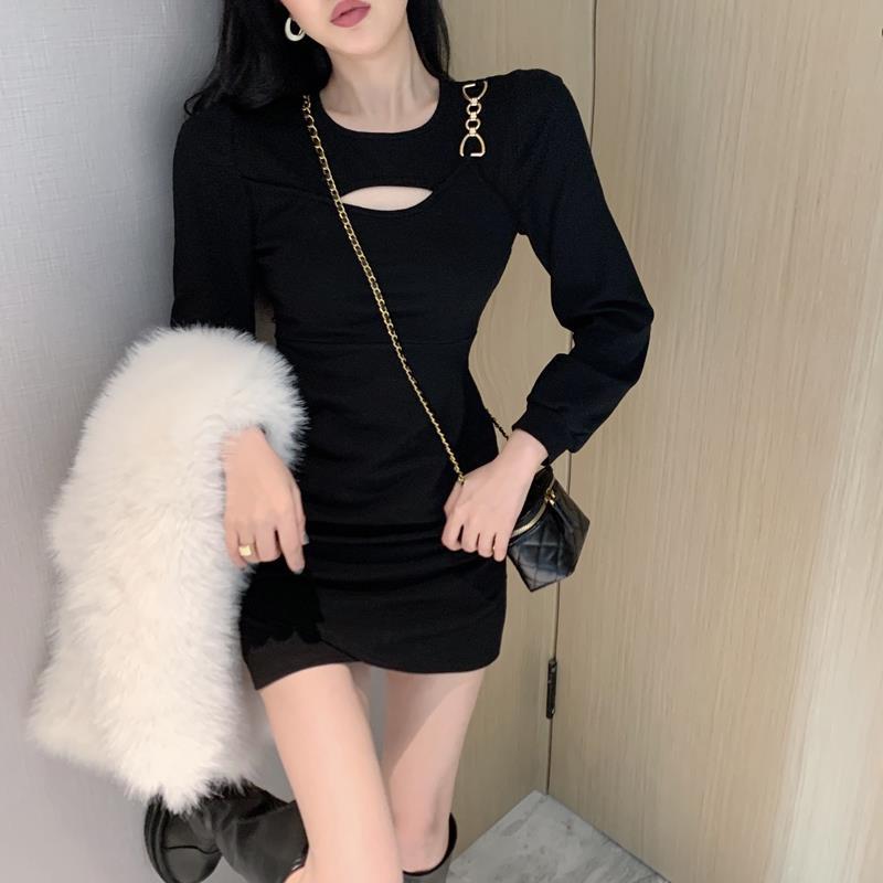 Temperament Hollow Black Dress for Women In Spring and Autumn New Fashionable Internet Celebrity Hot Girl Waist-hugging and Slimming Hip Skirt