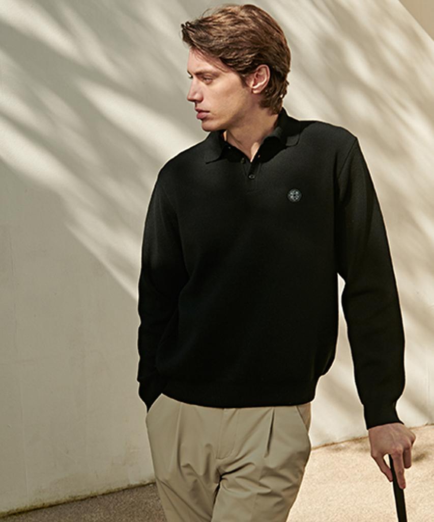 AVEN Signature Flower Jacquard Wool Knit Polo Shirt Black