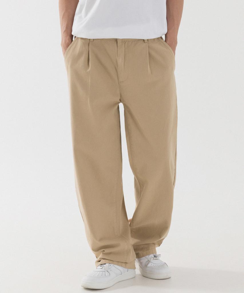 PIANER Semi-Wide Single-Pleat Cotton Pants (Beige)