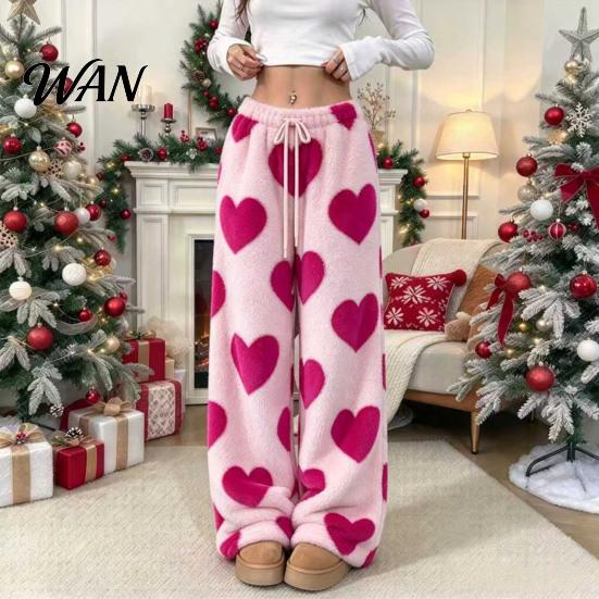Comfy Autumn Pajama Bottoms Women Fuzzy Sleeping Pants, Heart Print Wide Leg with Elastic Lounge Trousers Waist Drawstring, Thickened Warm Pants