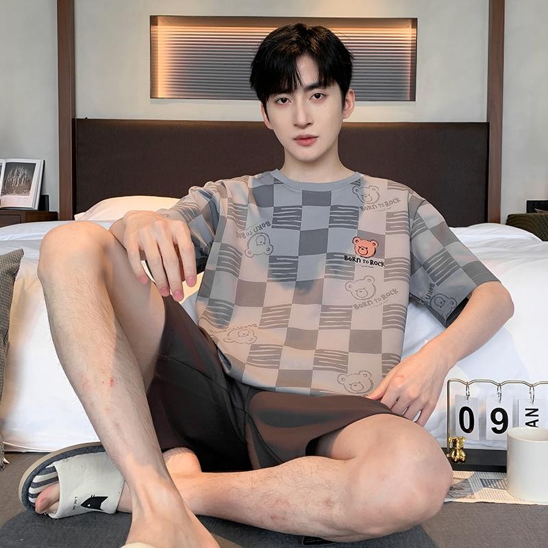 Letter Cotton Homewear for Men Summer Nightwear Shorts Short Sleeping Top Home Clothing Young Boy O Neck Pjs Loungewear Dropship