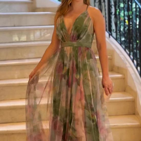Women's Mesh Spaghetti Strap Maxi Dress Deep V Neck Backless Evening Dress Floral Printed
