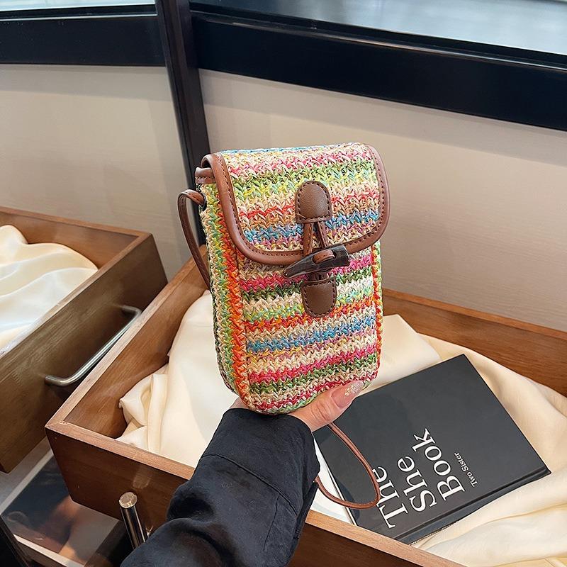 Seaside Holiday Woven Mobile Phone Bag Horn Button Crossbody Shoulder Bag Western Style Mobile Phone Bag